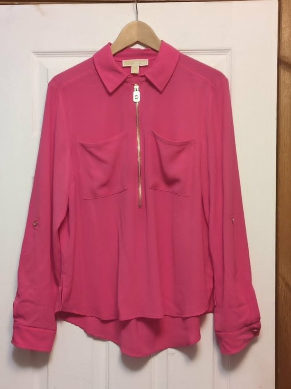 Michael Kors Roll Tab Collared Blouse Sz L Hot Pink Gold Zipper Buttons Barbie